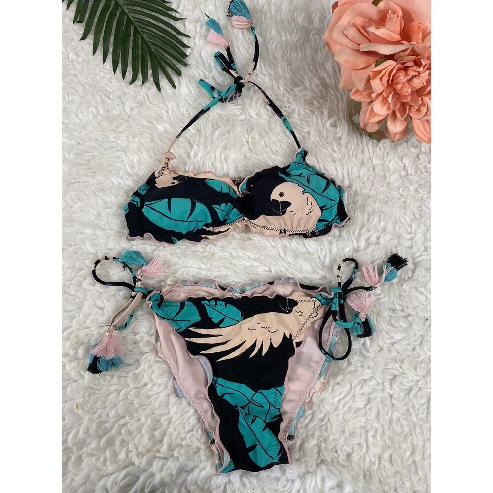 WOMEN'S TEAL Floral NO BOUNDARIES Two Piece Swimsuit bikini SZ SM (3-5) TASSEL